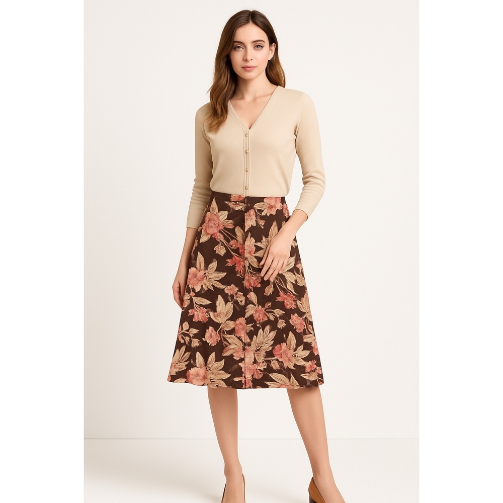 Chaps Vintage Floral A-Line Button Up Skirt Women's 10 Prairie Linen Prairie